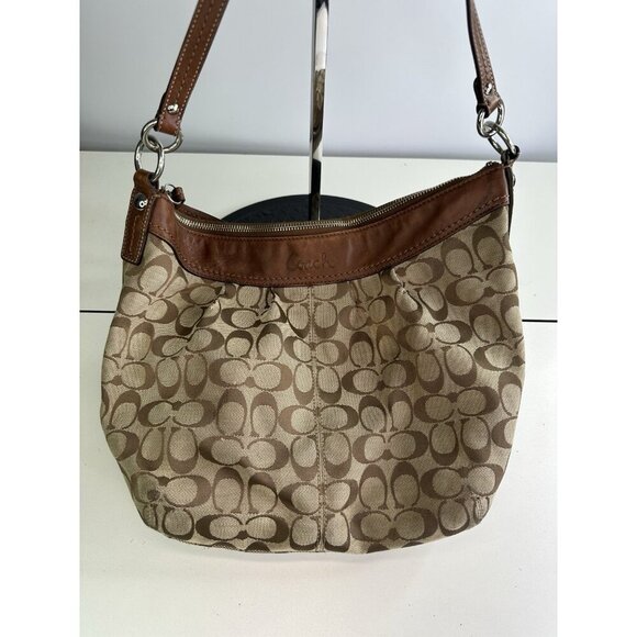 WORN - COACH F13744 Brown Signature Ashley Shoulder Leather trim Hobo Bag - Picture 12 of 12